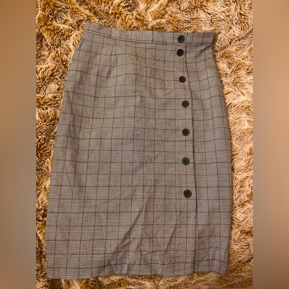 Plaid button down pencil skirt